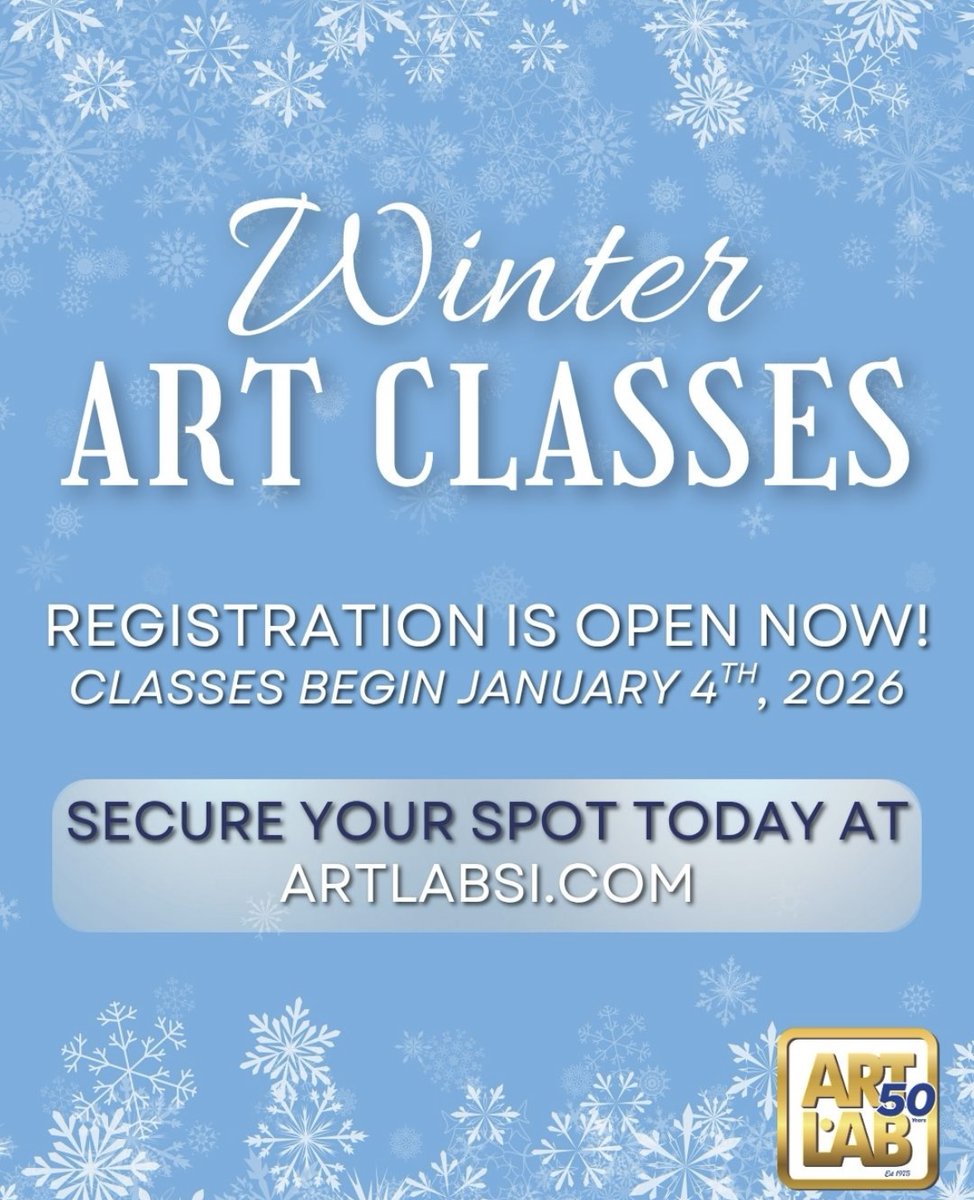 downtownsinyc's tweet image. ❄️ Winter art classes registrations are now open at @artlabsi! 🎨Classes begin January 4, 2026 -- perfect for anyone looking to get creative this season. Secure your spot at artlabsi.com.

#downtownSInyc #ArtLabSI #ArtClasses #CreateArt #WinterClasses #StatenIslandArts