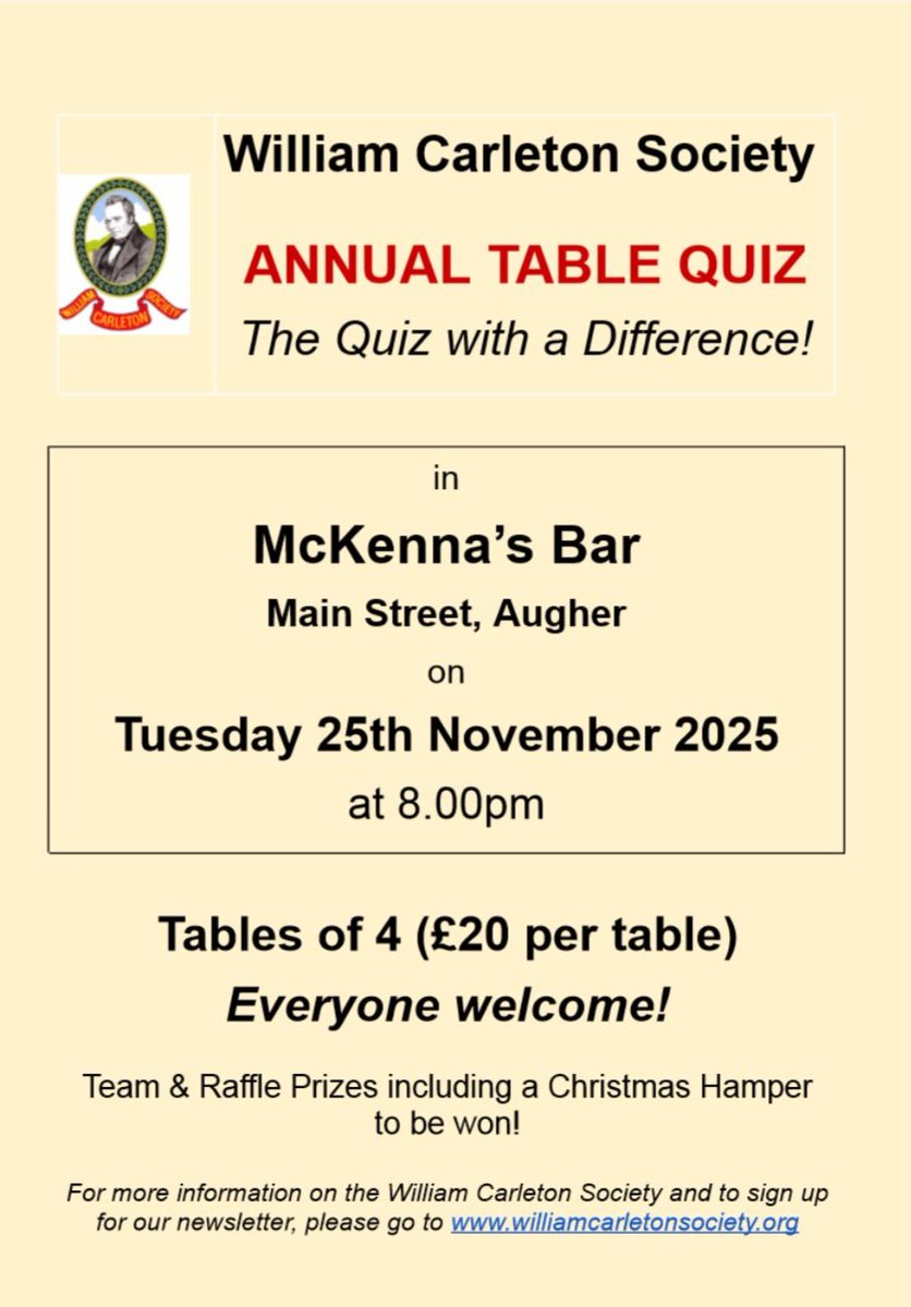 WilliamCarleton's tweet photo. Tonight's the night! Join us at McKenna's bar Augher for our annual Carleton table quiz. Rounds on various subjects sports, geography etc. &amp; some Carleton related ones.
So get your team together &amp; come along at 8:00pm in order to win some great prizes including a wonderful hamper https://t.co/jBrqZiln4a