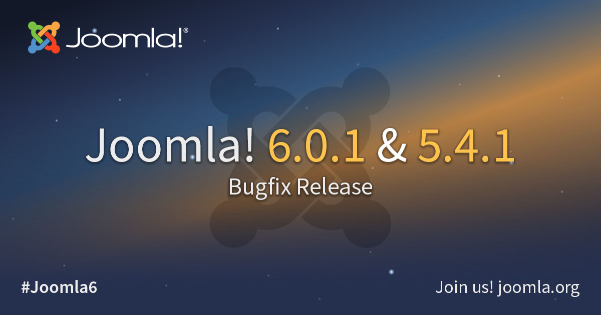 joomla's tweet image. The Joomla! Project is pleased to announce the release of Joomla 6.0.1 and Joomla 5.4.1. These are bugfix releases for the Joomla 5.x and 6.x series. #joomla #opensource

ow.ly/ZCEv50XxzFm