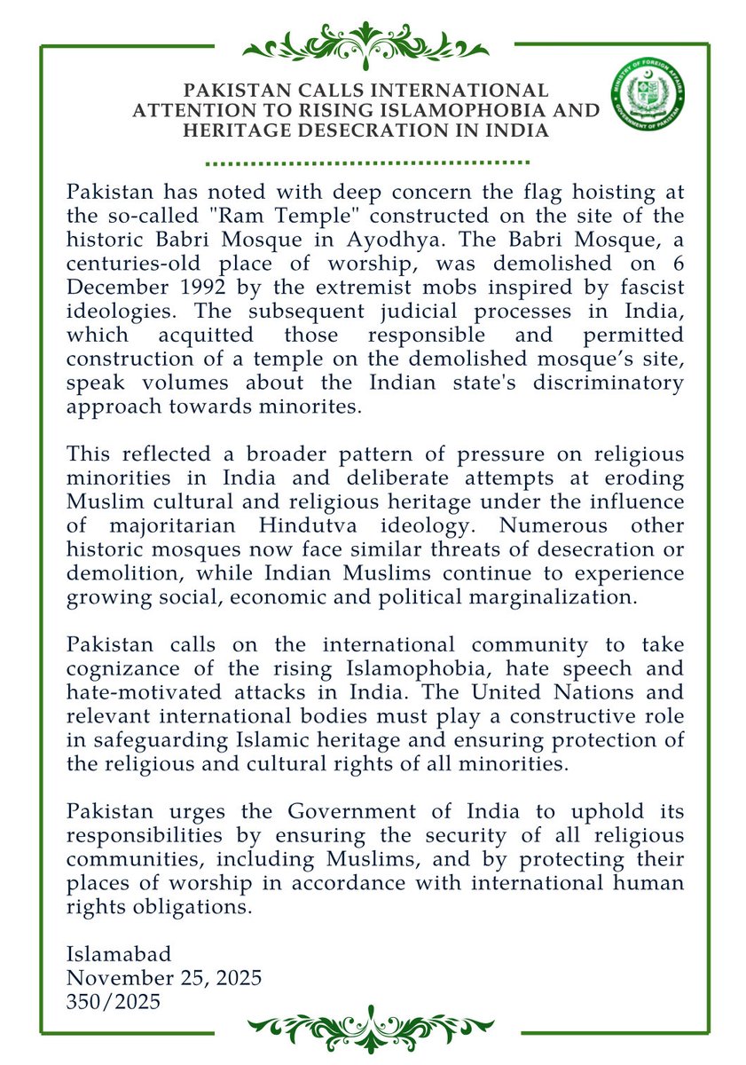 ForeignOfficePk's tweet image. 🔊PR No.3️⃣5️⃣0️⃣/2️⃣0️⃣2️⃣5️⃣

Pakistan calls international attention to rising Islamophobia and heritage desecration in India

🔗⬇️

mofa.gov.pk/press-releases…
