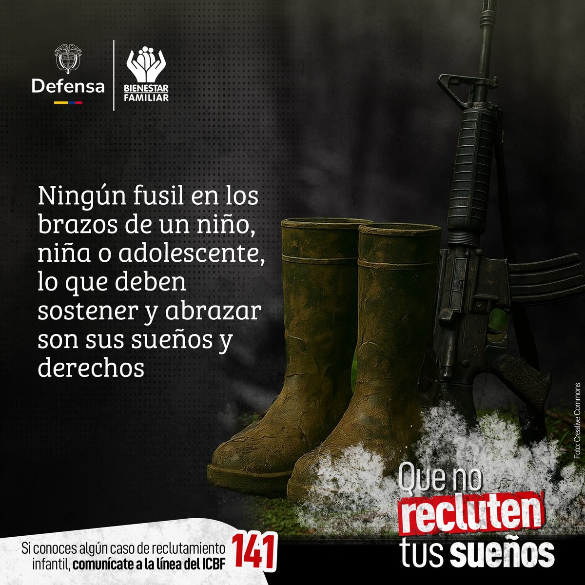 COL_EJERCITO's tweet image. Les prometen respeto, poder y dinero, pero solo les entregan cadenas y les roban todos sus derechos. 

El reclutamiento arranca la infancia y condena los sueños de niñas, niños y adolescentes.  

Ellos deben vivir su niñez en libertad, educación y amor, no en medio de la guerra.…