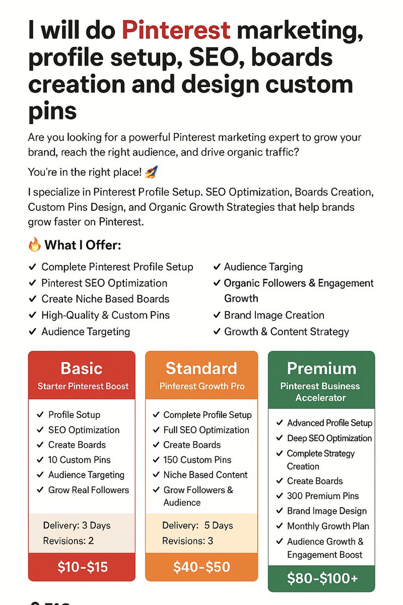 I will do Pinterest marketing profile setup, SEO, boards creation and design custom pins.
#dihanrahian #pinterestmarketing #marketing #SEO #pins