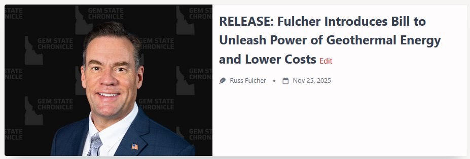 gemstatechron's tweet image. Press release: Congressman Russ Fulcher introduces bill to streamline geothermal projects.

@RepRussFulcher 

(link below)
