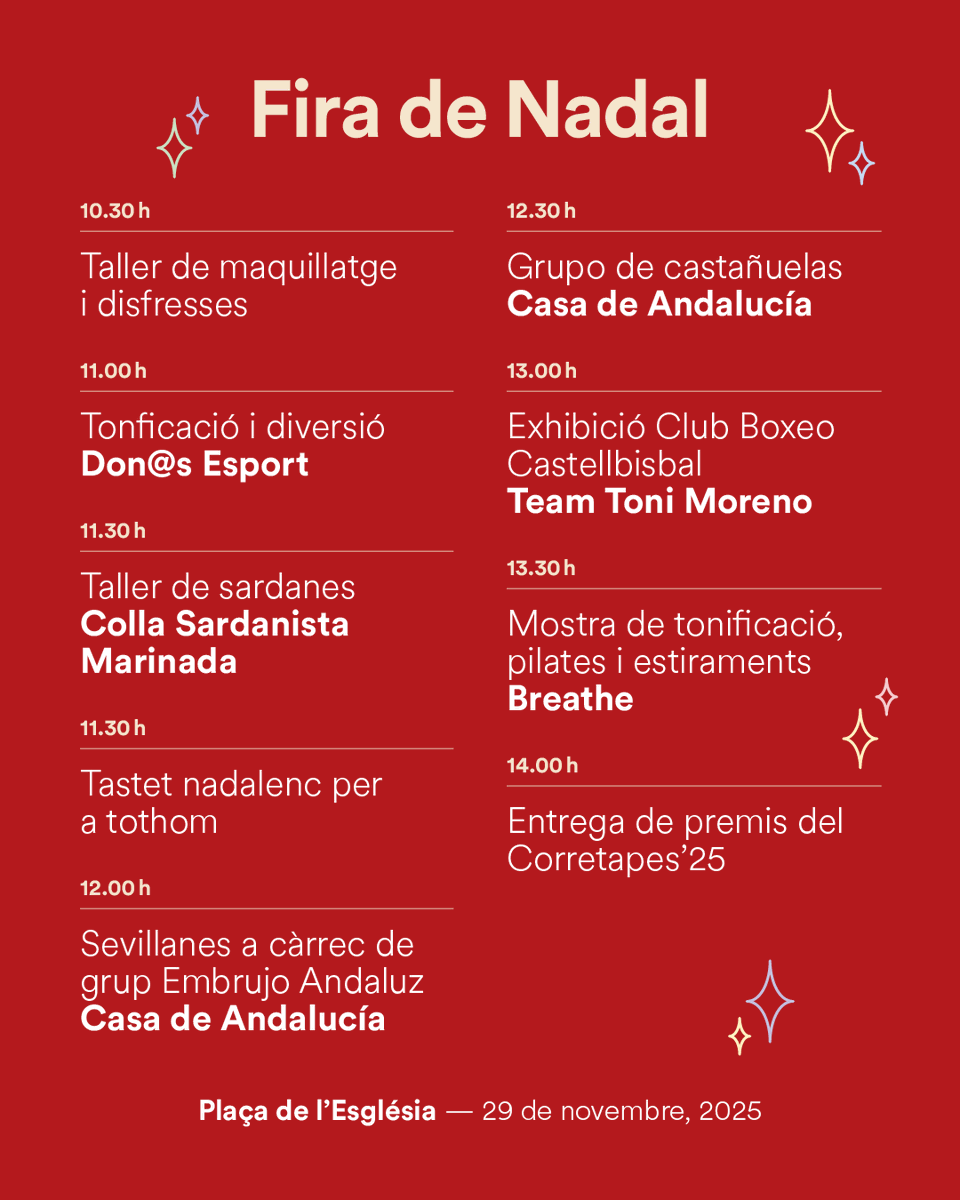 🎄✨ 𝐄𝐧𝐜𝐞𝐧𝐞𝐦 𝐥𝐚 𝐦𝐚̀𝐠𝐢𝐚 𝐝𝐞𝐥 𝐍𝐚𝐝𝐚𝐥ⵑ ✨🎄
🛍️La Fira de #Nadal arriba carregada d’activitats!
De l’esport a la música.
 📍 29/11 – Plaça de l’Església, C/ Major, Sant Antoni, Pi i Margall i Pati de l'Esbarjo
Vine a començar el Nadal amb nosaltres! ✨