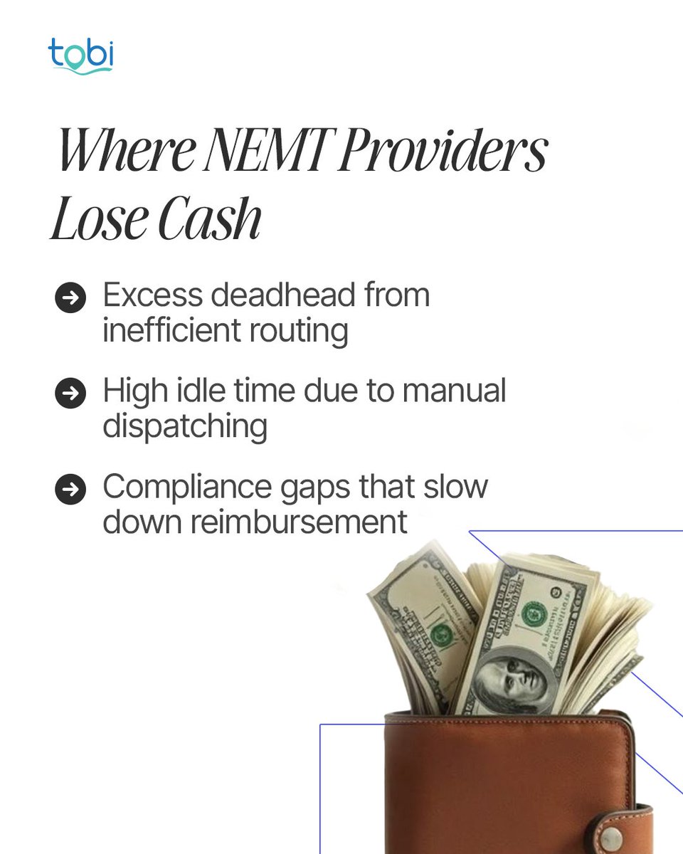 TobiSoftware's tweet photo. NEMT fleets lose more money to workflow gaps than most providers realize.
This carousel highlights where the leaks happen and how automation helps close them.

Learn more at https://t.co/7ANetGkKLp

#NEMT #NonemergencyVehicles #Tobi #FleetManagemnt https://t.co/zcSrEX4vBL