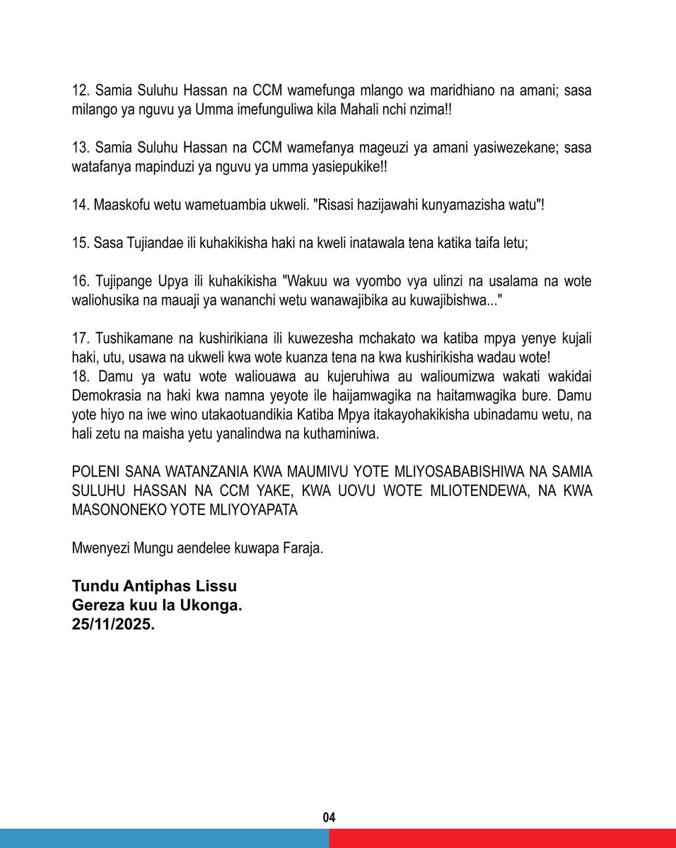 Barua kutoka gerezani Ukonga kwa Mh. Tundu Lissu

November 25, 2025

—Admin