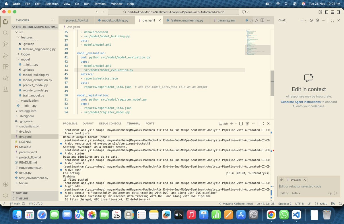 iimayank45's tweet image. Kicked off my End-To-End MLOps pipeline for sentiment analysis 🚀
Implemented DVC for data &amp;amp; model versioning + built automated pipeline stages. More to come! ⚙️📊 #MLOps #DataScience #DVC