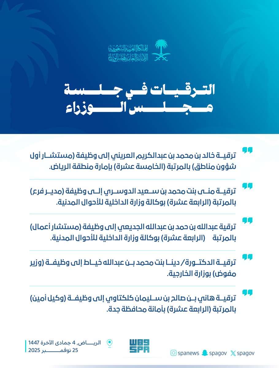 الترقيات في جلسة #مجلس_الوزراء.
#واس