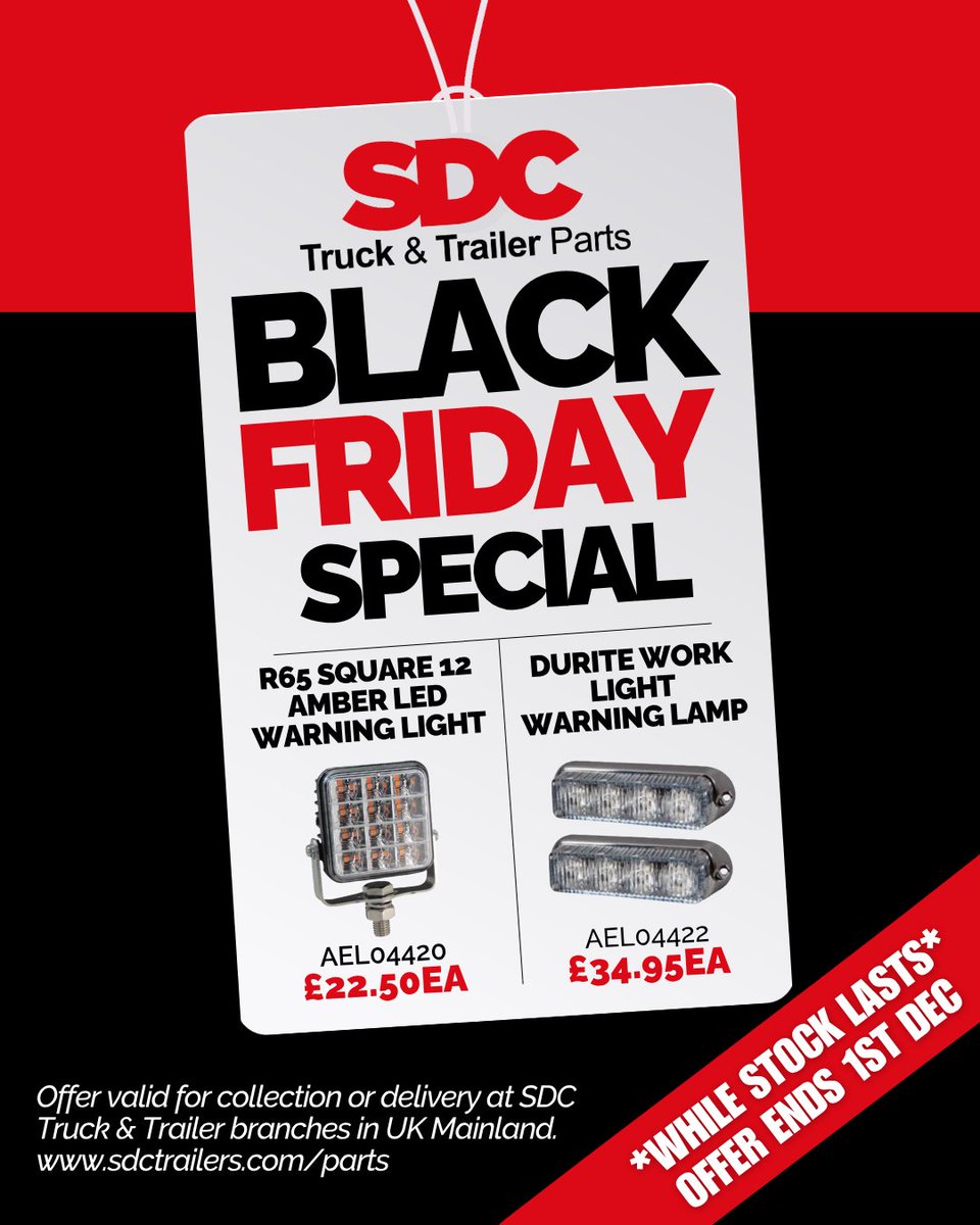 SDCParts's tweet image. 🚨 SDC Parts Black Friday Special 🚨

Light up your fleet this winter with:
• R65 Square 12 Amber LED Warning Light – £22.50 EA (AEL04420)
• Durite Work Light Warning Lamp – £34.95 EA (AEL04422)
 
Offer valid from 20th Nov to 1st Dec.
sdctrailers.com/parts