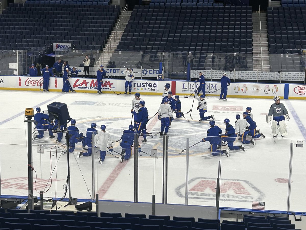 BillHoppeNHL's tweet image. Sabres stretching. Based on his spot on a line and that he worked in on the power play, I think there’s a good chance we see Josh Norris tomorrow.
