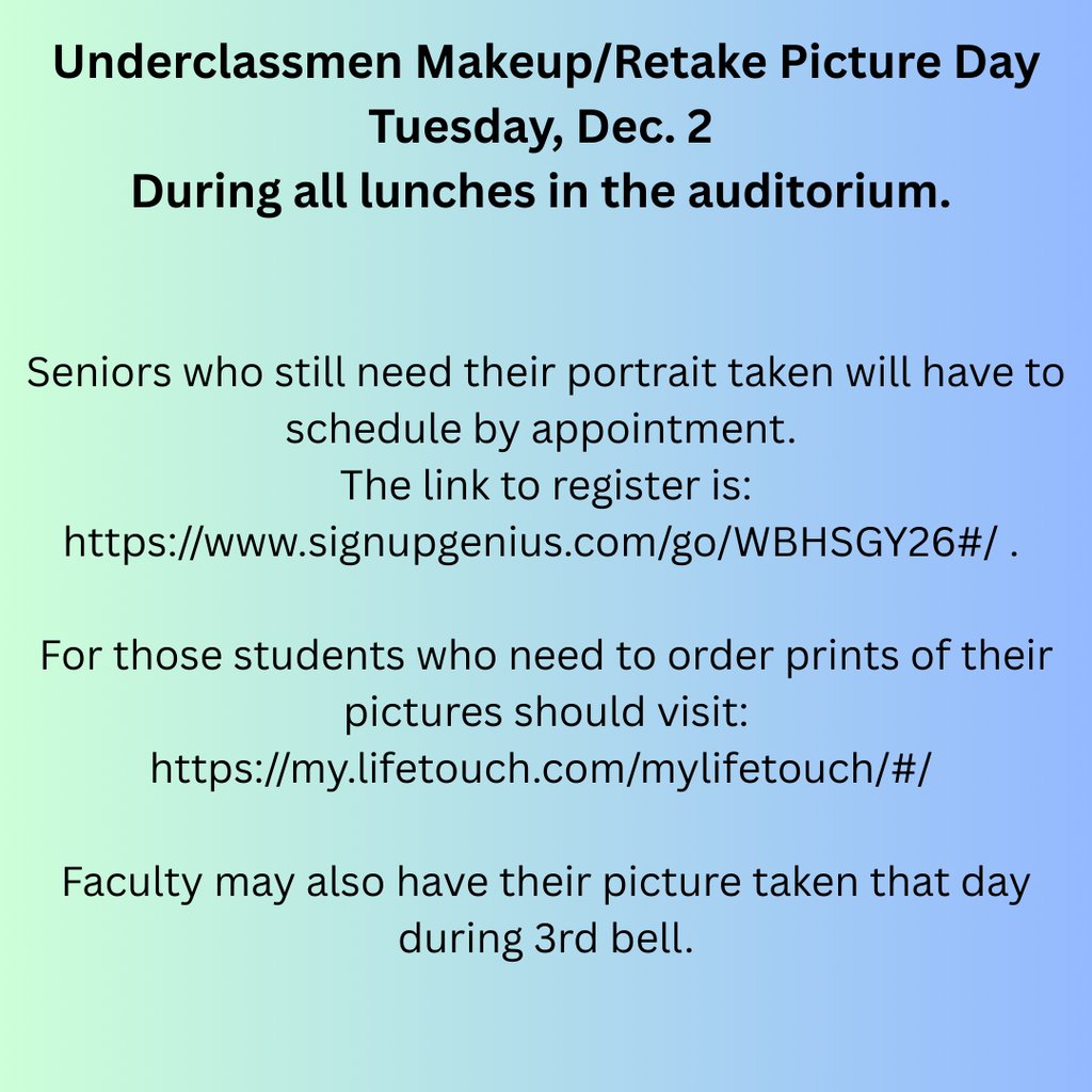 Picture Day RETAKES will be on December 2nd!