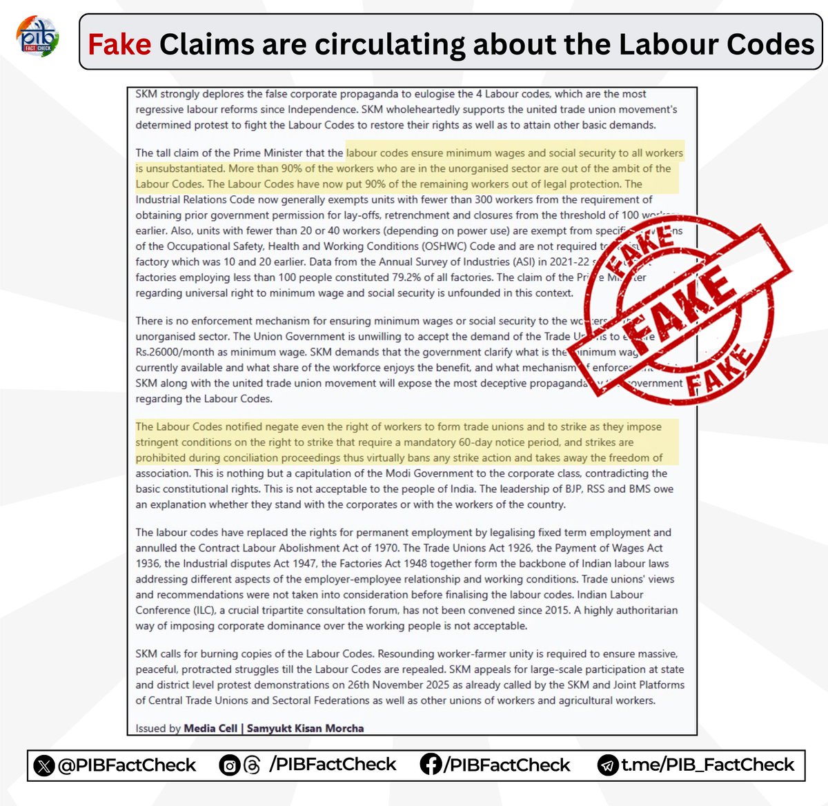 PIBFactCheck's tweet image. It is circulating on social media that Samyukt Kisan Morcha claims that:

▪️The new labour codes will ensure minimum wages and social security for workers are “unsubstantiated”

▪️90 per cent of workers are in the unorganised sector and out of the ambit of these codes.

▪️The…
