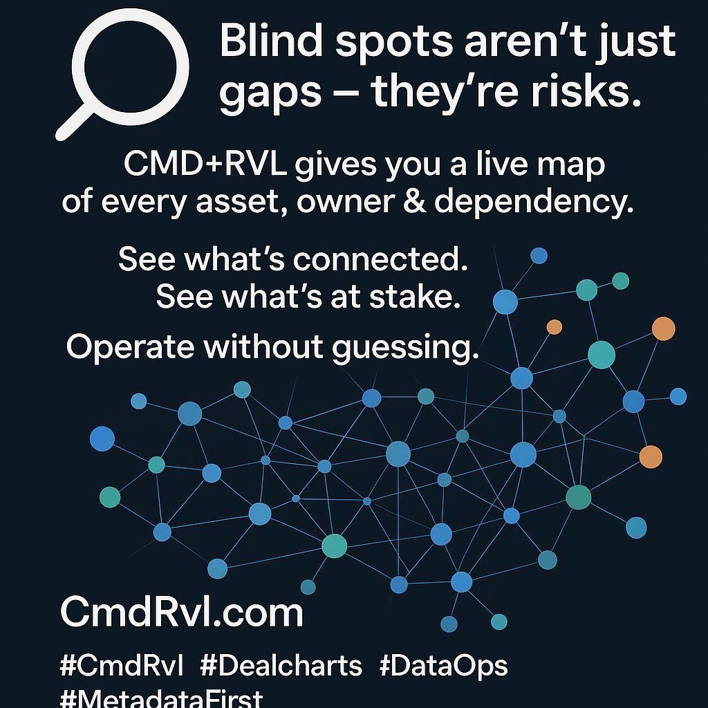 cmdrvl's tweet image. 🔍 Blind spots aren’t just gaps — they’re risks.
CMD+RVL gives you a live map of every asset, owner &amp;amp; dependency.
See what’s connected. See what’s at stake.
Operate without guessing.

🌐 CmdRvl.com

#CmdRvl #Dealcharts #DataOps #MetadataFirst