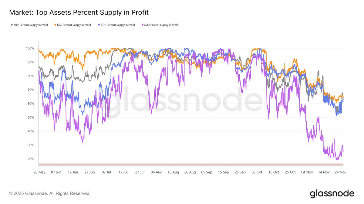 ⛓️‍💥GLASSNODE: "Percentuale di Offerta in Perdita per i Principali Asset: BTC, XRP, ETH e SOL"