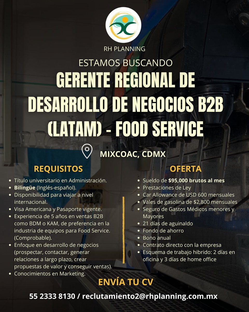 RhPlanningMx's tweet photo. 💼VACANTE DISPONIBLE
-Gerente Regional de Ventas (LATAM)
-Experiencia de 5 años en ventas B2B en industria de equipos para Food Service
-Bilingüe
-Disponibilidad para viajar
-Visa y pasaporte vigentes
-Esquema de trabajo hibrido
-$95k brutos + Prestaciones superiores

@la_de_rh https://t.co/HJlO5VfUaP