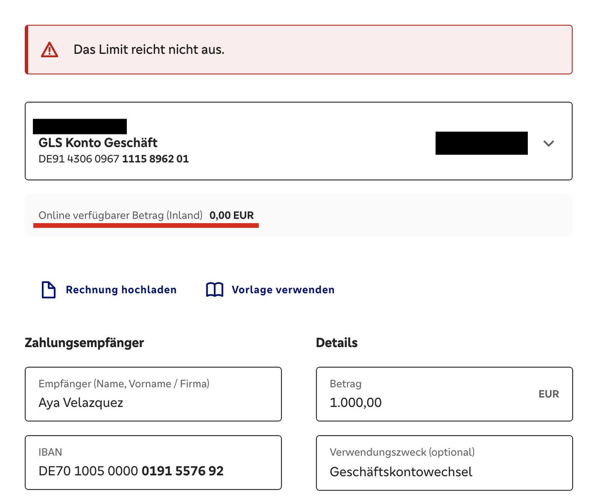aya_velazquez's tweet image. Als kleine letzte Gemeinheit hat die GLS Bank nun das Tageslimit für Überweisungen meines gekündigten Kontos auf 1K pro Tag heruntergesetzt. Augenscheinlich, um es mir maximal zu erschweren, mein Geld von dem gekündigten Konto überhaupt herunterzubekommen 🤡