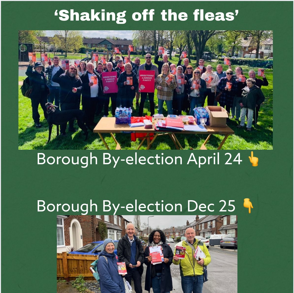 Another consequence to Labour ‘shaking off the fleas’ 

Campaigning now just the MP, the candidate, one local member and a person from another area. 

But hey, they got rid of those pesky lefties