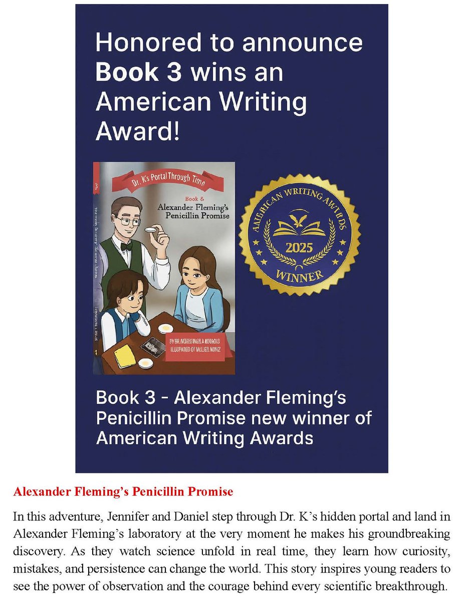 KatKorkidis's tweet photo. Honored to announce that Book 3 – Alexander Fleming’s Penicillin Promise has won a 2025 American Writing Award! 🎉

A big thank-you to readers who believe in science, curiosity, and adventure. More discoveries ahead! 🔬✨
#MGBooks #STEM #AmericanWritingAwards https://t.co/5BFO50Oe3I