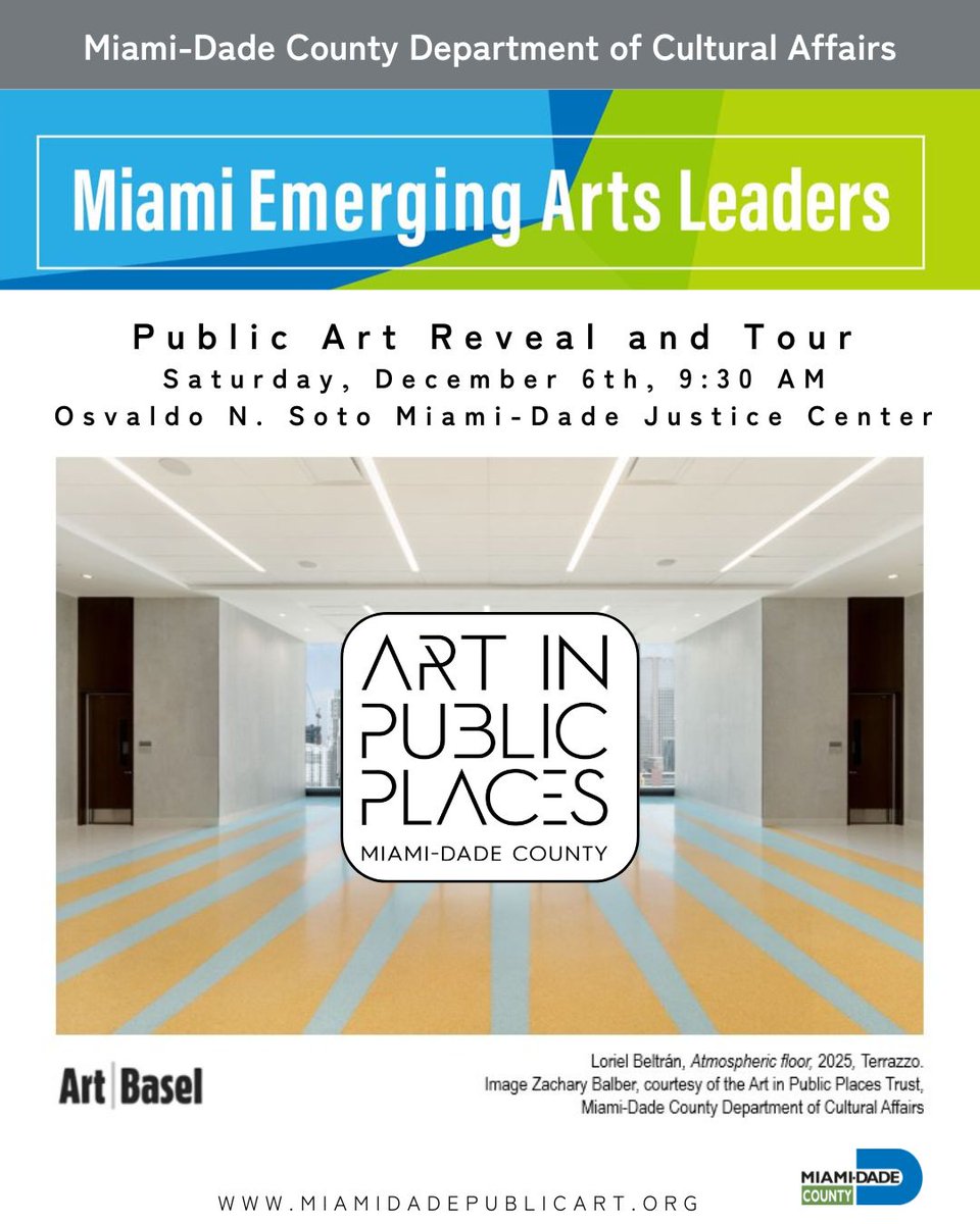Join us for the Art Basel Miami Beach Official Event Program: Art in Public Places - Public Art Reveal and Tour on Sat, 12/6 at 9:30am at the new Osvaldo N. Soto Miami-Dade Justice Center.

RSVP: miamidadepublicart.org/app/opportunit…

#MiamiDadePublicArt #ArtBasel #MiamiEmergingArtsLeaders