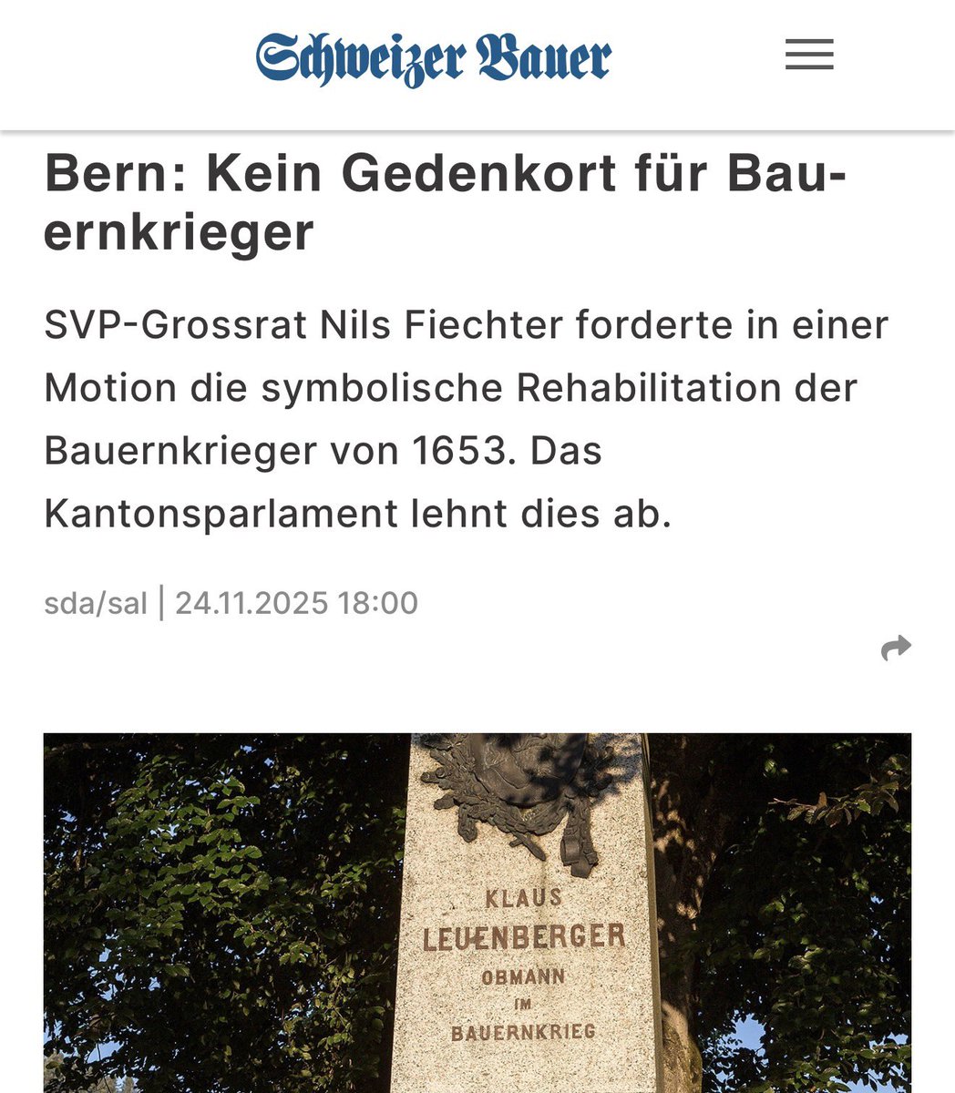 Wie mit den #Bauernkriegern umgegangen wurde, ist unwürdig. Auch die nachfolgende #Erinnerungskultur ist unwürdig. Mit unserer #Motion wollten wir dies ändern. Der Grosse Rat will die Bauernkrieger jedoch leider nicht rehabilitieren. Traurig.

bernerzeitung.ch/kanton-bern-gr…