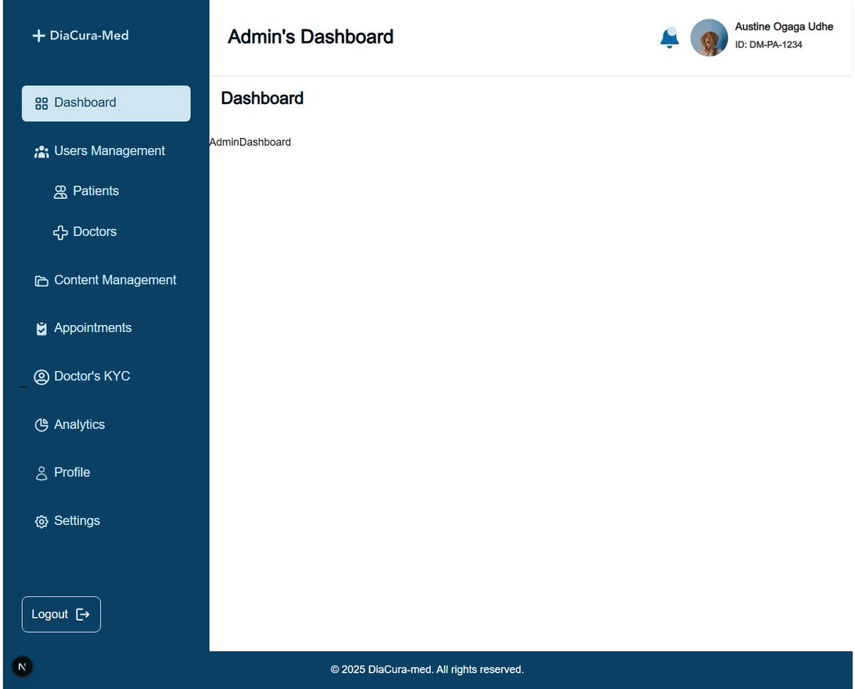 austineudhe's tweet photo. Latest milestone on my Diabetes Patient Management System!
Backend: MongoDB Atlas + Mongoose, auth endpoints with HttpOnly cookies, JWT &amp; Argon2. 
Frontend: Next.js middleware, dashboards for Admin/Patients/Doctors (Next, TypeScript, Tailwind). Next: KYC pages. Links 👇 https://t.co/RSk7tr56ZG