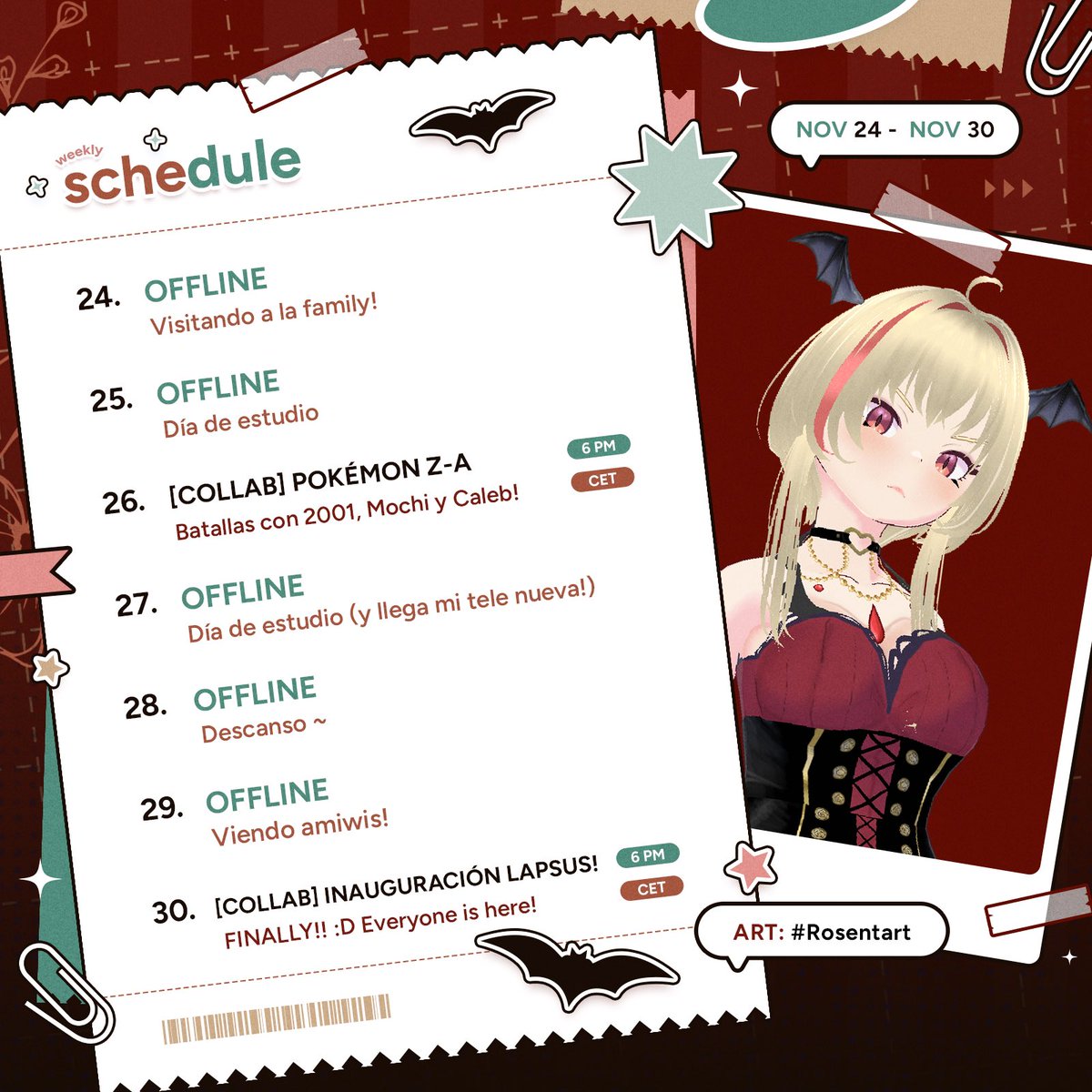 ₊˚⊹ ᰔ CALENDARIO SEMANAL ✶⋆.˚

Perdón por subirlo tarde!! >< Esta semana es de collabs! 💕 mañana con panitas de Pokémon y el domingo CELEBRAMOS LA INAURUGACIÓN DE <a href="/LapsusCafe/">Lapsus Café</a>‼️✨ No faltéis a nada que todo será guay 👀

🇪🇸: 6pm
🇲🇽: 11am
🇨🇴🇵🇪🇪🇨: 12pm
🇻🇪🇧🇴🇨🇱🇵🇾: 2pm
🇦🇷🇺🇾: 3pm