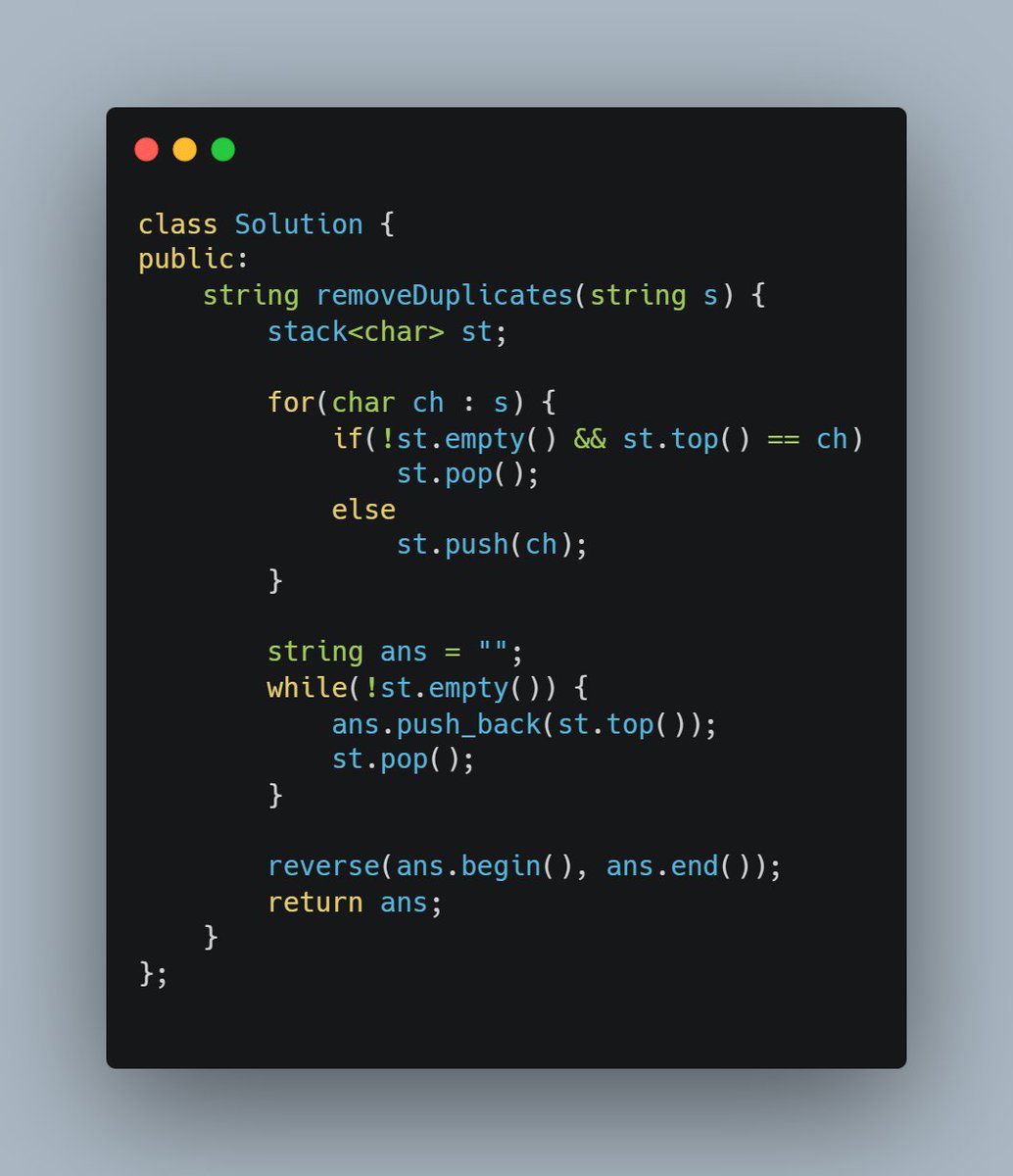 NiteenDigarse's tweet image. 🌟 Day 22 of #100DaysOfDSA

🚀 Topic: Remove Adjacent Duplicates (Stack)
🔹 Push characters into stack
🔹 If top matches current → pop
🔹 Final stack → cleaned string
🔥 Simple yet powerful stack trick!
#DSA #Stack #CPlusPlus #Coding #NiteenDigarse