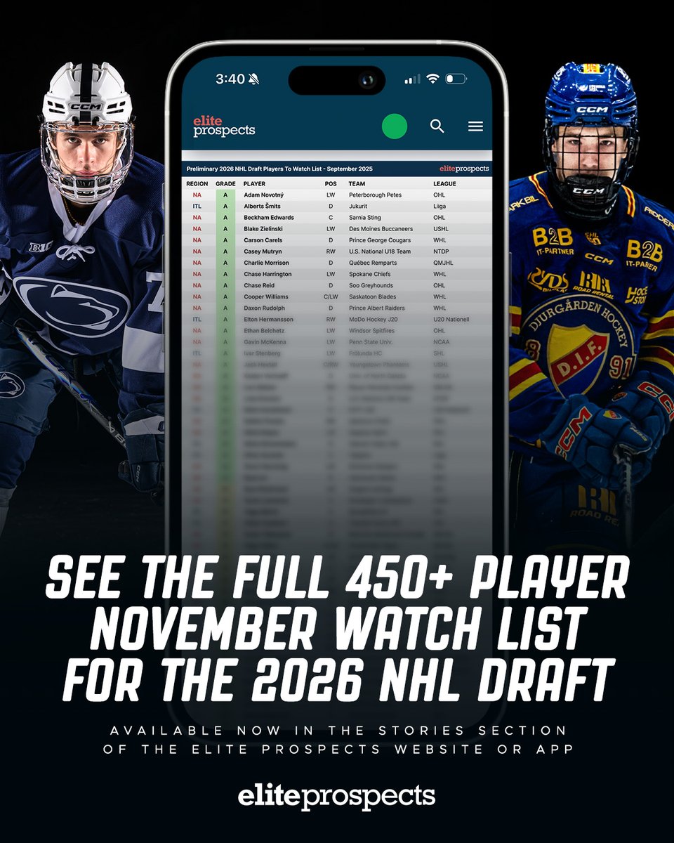 2026 now looks like a five-player race for first overall 👀

Our scouts put together the November Top 5⃣0⃣ ranking for the #2026NHLDraft, including our Top 32 video breakdown and an updated 450+ player watchlist 🔥🤩

🔗: eliteprospects.com/news/2026-nhl-…