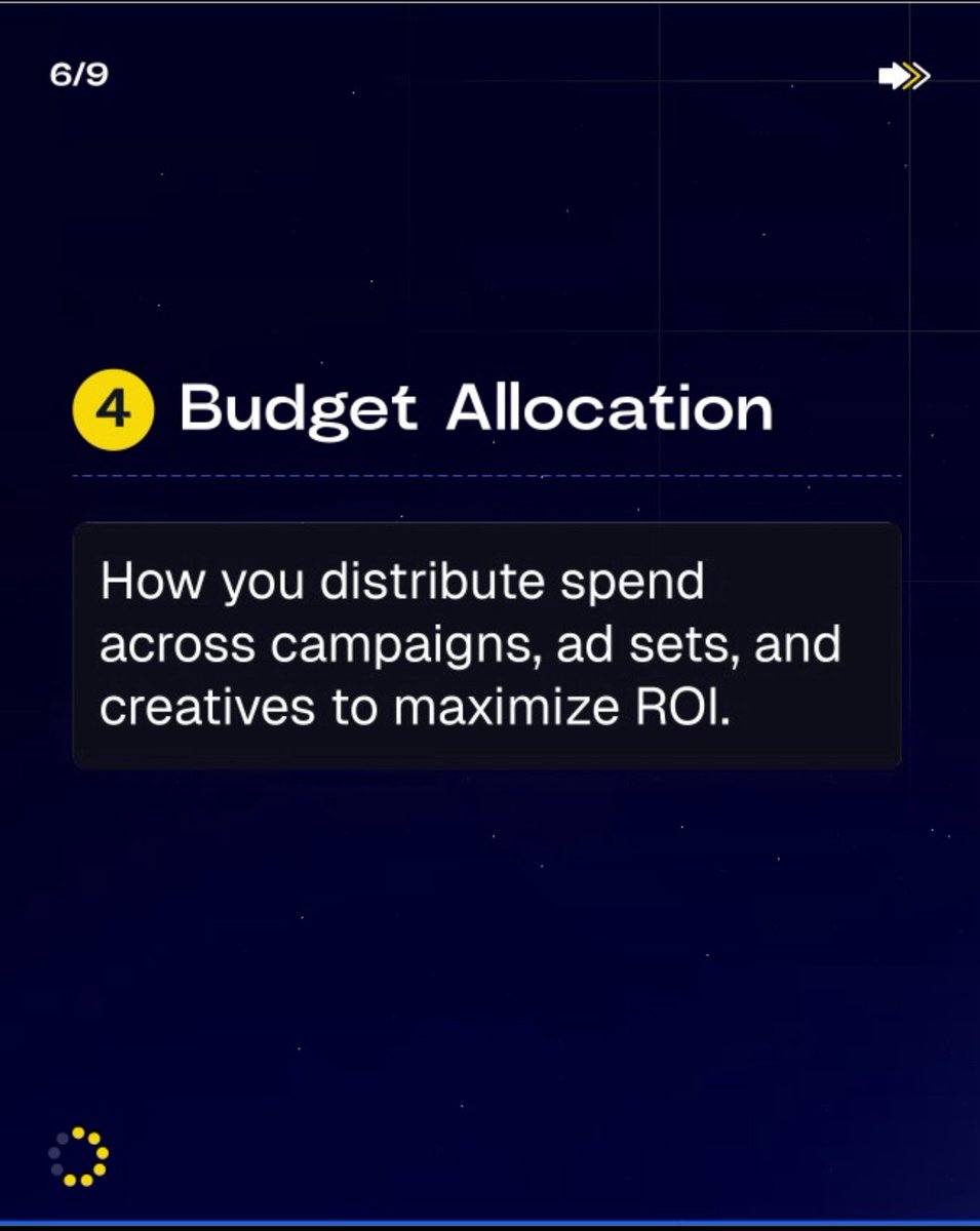 jakemajors5's tweet image. 4. Budget Allocation

How you distribute spend across campaigns, ad sets, and creatives. 

Put your money where it will compound, not where its safe.