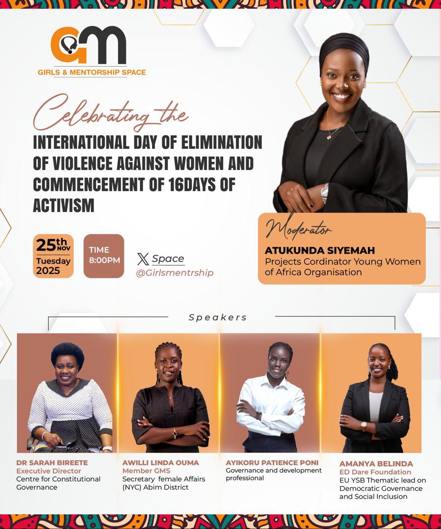x.com/i/spaces/1dRKZ…

Celebrating international day on elimination of violence against women virtually tonight at 8:00pm 🥳🥳🥳🥳

<a href="/SarahBireete/">Dr. Bireete Sarah</a> <a href="/AmanyaBelyndah/">Belinda Amanya</a> <a href="/SiyemahA/">Siyemah Atukunda</a> <a href="/LindaAwie/">Linda Ouma Awilli💫</a> <a href="/PeshPoni/">Patience Poni Ayikoru 💜👩🏿‍💼</a>