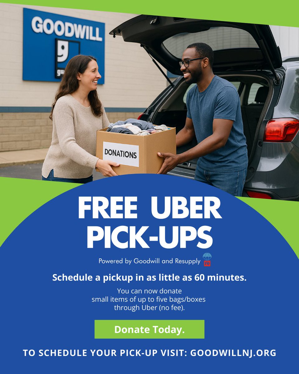 Short on time this holiday season?
Get FREE Uber pick-ups powered by Goodwill and ReSupply.
Donate up to five bags or boxes and help Goodwill provide pathways to work and independence.
Schedule today at GoodwillNJ.org