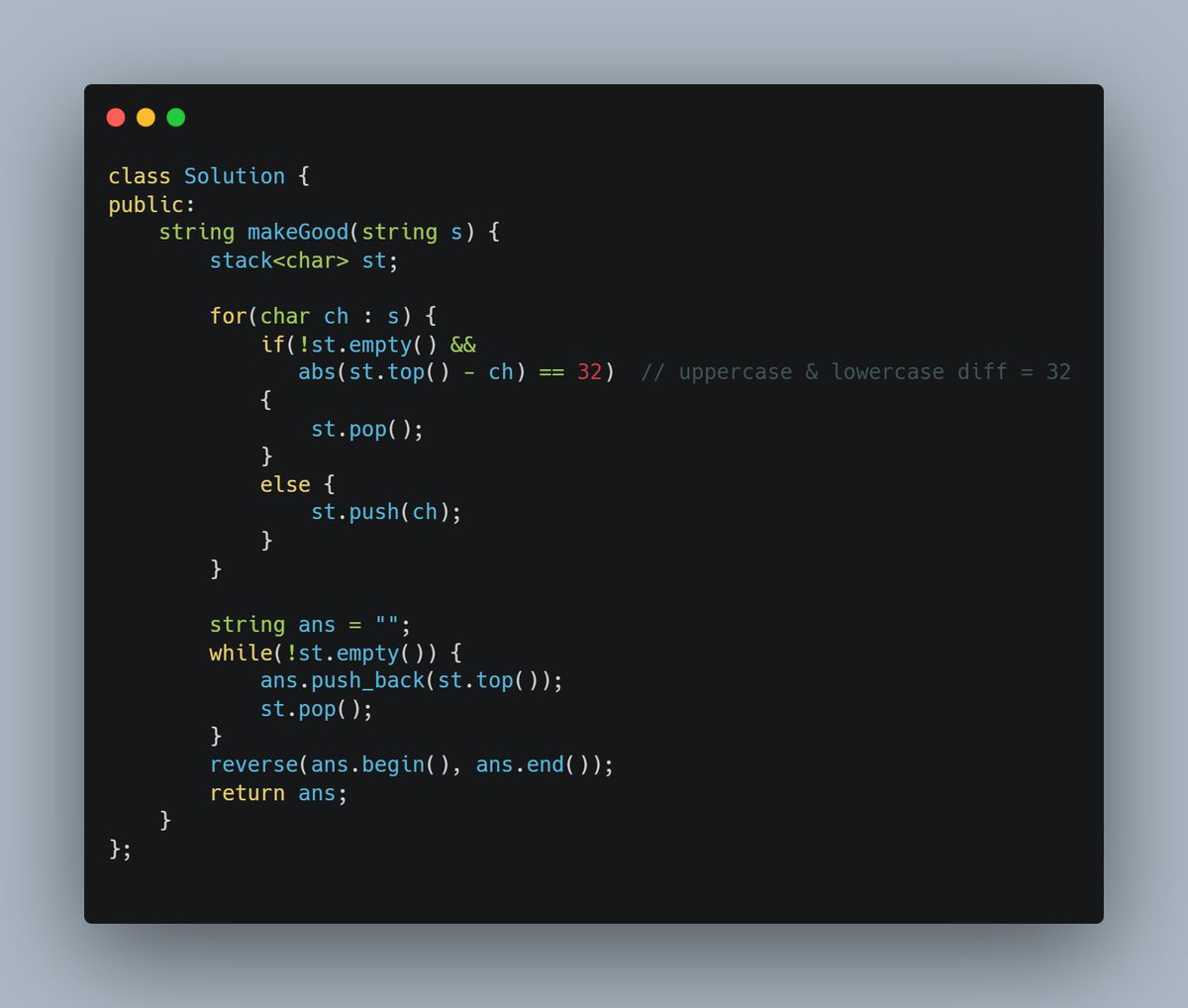 NiteenDigarse's tweet image. 🌟 Day 23 of #100DaysOfDSA

🚀 Topic: Make String Great (Stack)
🔹 Remove bad pairs like aA, bB
🔹 Use stack to cancel opposite-case chars
🔹 Final string is &quot;cleaned&quot; version
⚡ Another cool stack trick on strings!
#DSA #Stack #CPlusPlus #Coding #NiteenDigarse