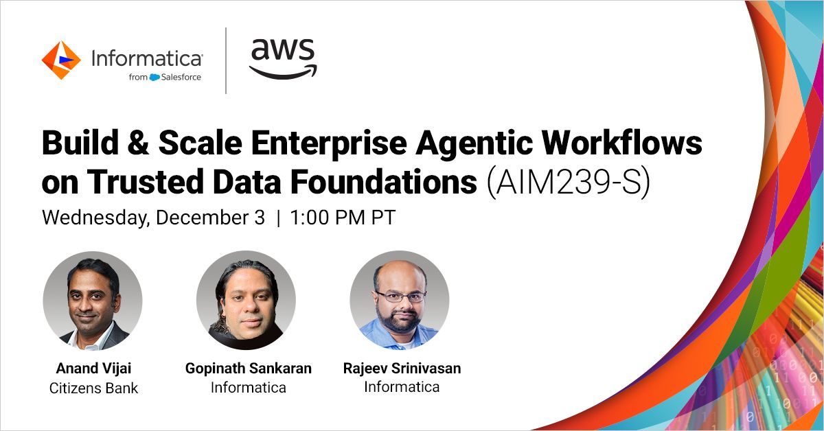 Informatica's tweet image. Enterprise agentic AI success is only possible with trustworthy data. Join the Informatica session at #AWSreInvent to see how enterprise-grade data management with Informatica and @AWS provides the foundation for reliable agentic workflows: bit.ly/48nuwMz