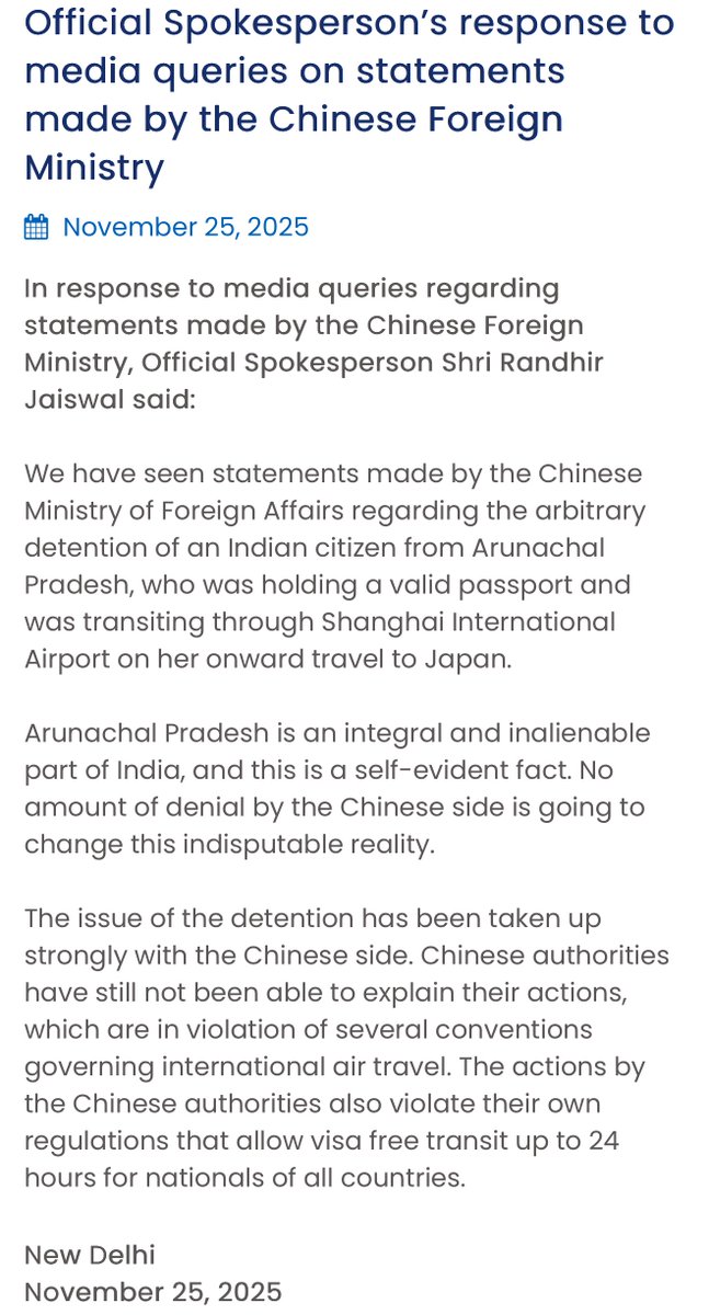 AdityaRajKaul's tweet image. #BREAKING: Indian Government issues a strong statement hitting out at China after Indian woman was harassed and detained in Shanghai and later Chinese Foreign Ministry made provocative controversial remarks on Indian state of Arunachal Pradesh.

“Arunachal Pradesh is an integral…