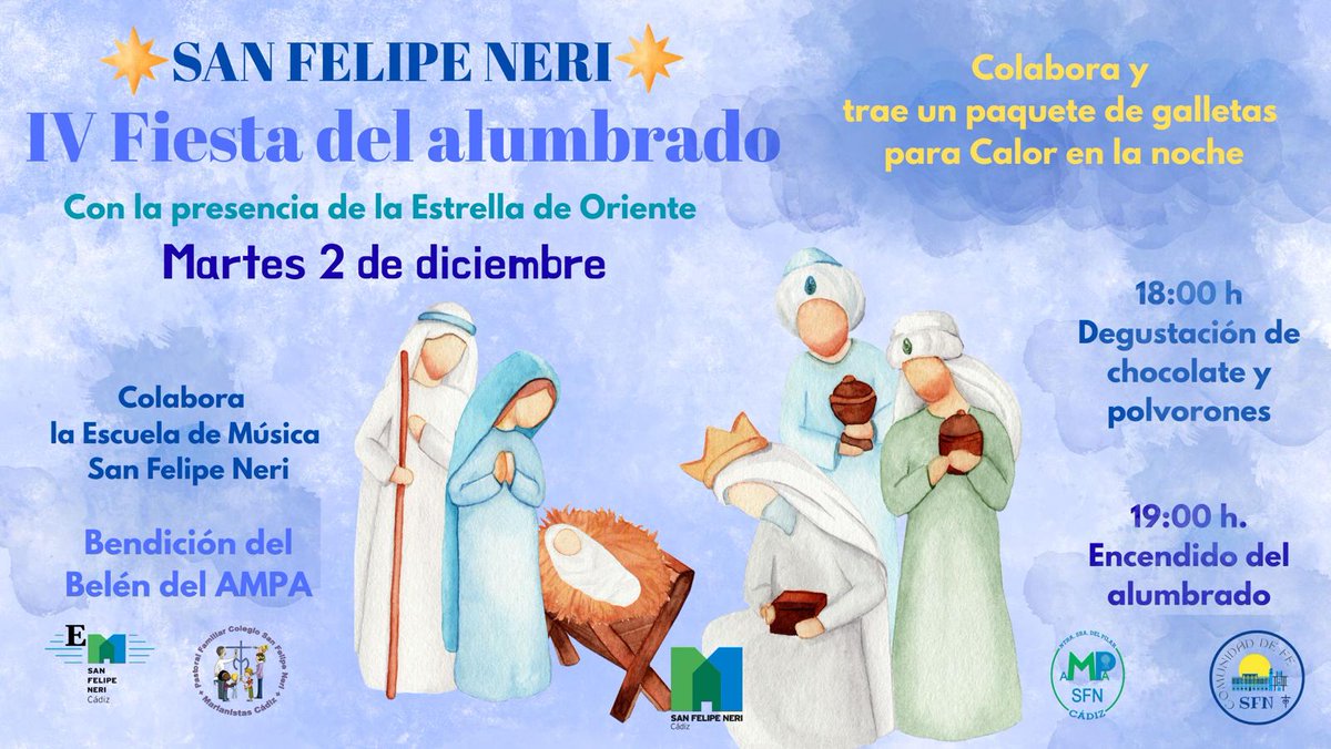 ✨ IV FIESTA DEL ALUMBRADO NAVIDEÑO SFN ✨
¡Comenzamos el Adviento con luz y esperanza! 🌟
📅 Martes 2 de diciembre
🕕 Horario:
18:00 h → Chocolatada en el patio 🍫
18:45 h → Villancicos con el coro de la Escuela de Música San Felipe Neri 🎶
19:00 h → ¡Encendido del alumbrado!