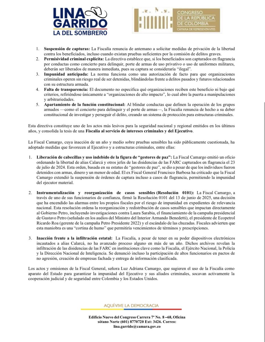 linamariagarri1's tweet image. 🚨ATENCIÓN COLOMBIA. Hoy he remitido al Secretario de Estado de EE.UU., Marco Rubio (@SecRubio), una solicitud formal para que la Fiscal General Luz Adriana Camargo sea evaluada para ingresar a la #ListaClinton (OFAC). Las pruebas publicadas son claras: Camargo puesta en el cargo…