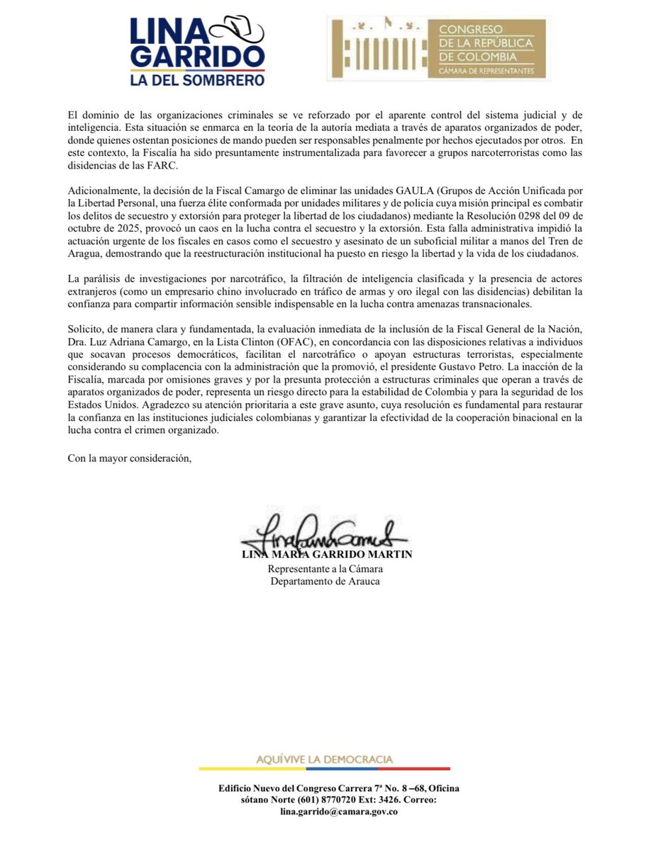 linamariagarri1's tweet image. 🚨ATENCIÓN COLOMBIA. Hoy he remitido al Secretario de Estado de EE.UU., Marco Rubio (@SecRubio), una solicitud formal para que la Fiscal General Luz Adriana Camargo sea evaluada para ingresar a la #ListaClinton (OFAC). Las pruebas publicadas son claras: Camargo puesta en el cargo…