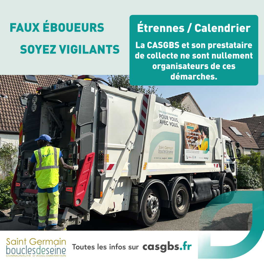 ⚠️Comme chaque année, certains agents peuvent solliciter des étrennes à titre privé.
Rappel :
👉Ils n’ont aucune carte professionnelle. 
👉Ni la CASGBS, ni ses prestataires n’organisent cette démarche. 
👉Seuls quelques employés de SEPUR peuvent le faire sur leur temps libre.