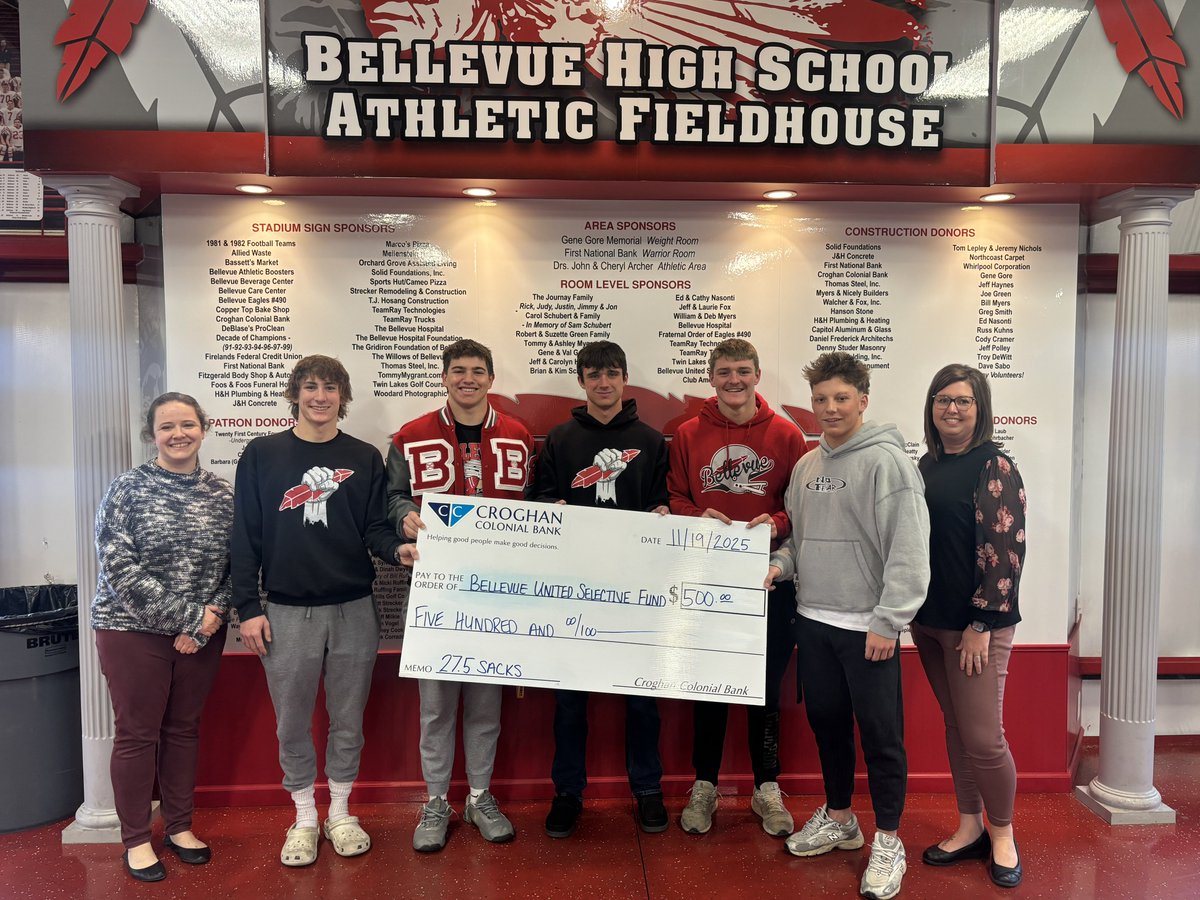 Croghan Colonial Bank teamed up with the Redmen Football team this fall supporting the Bellevue United Selective Fund with a $500 donation.  #BellevueStrong #GoRed🅱️