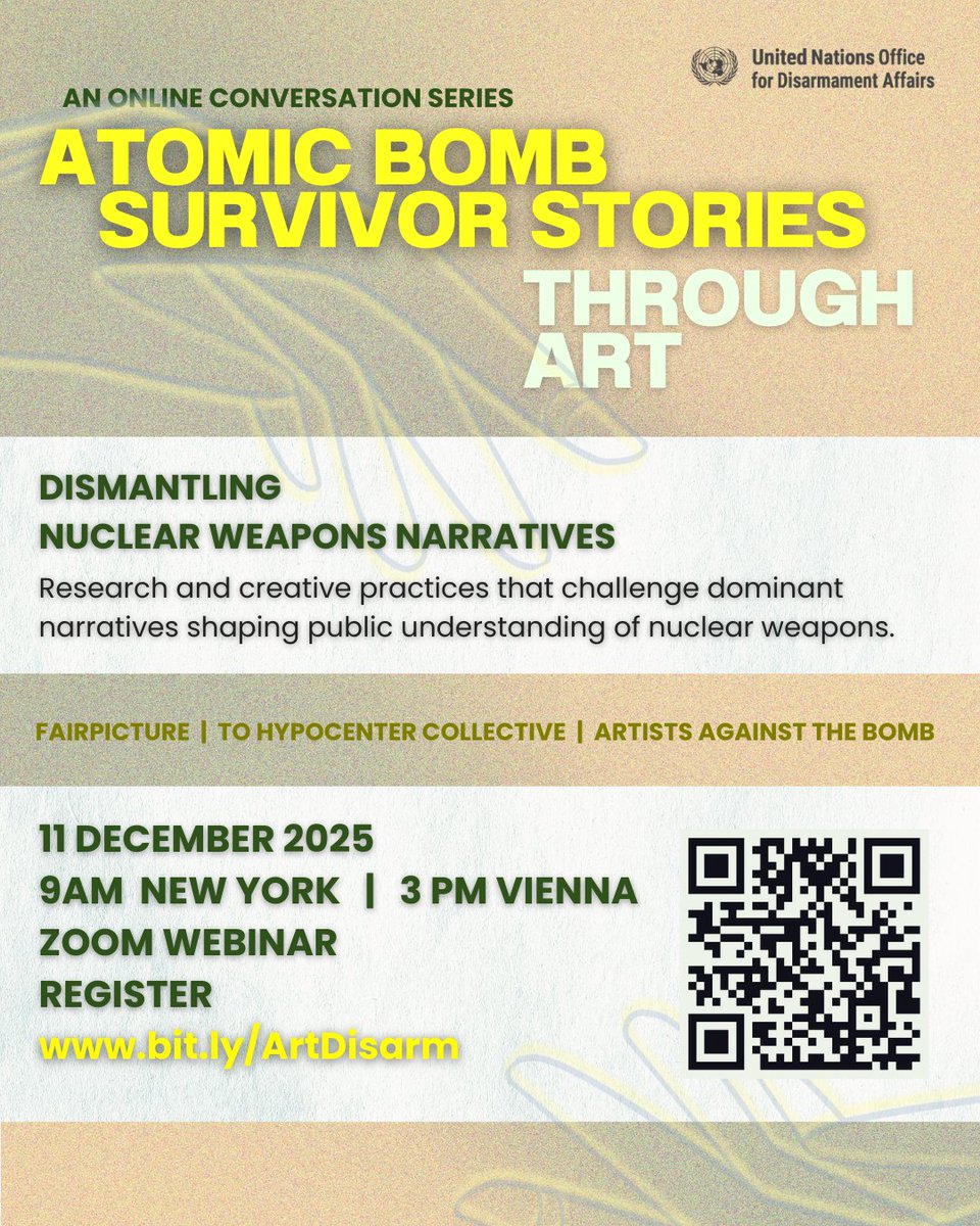 Our final Atomic Bomb Survivor Stories Through Art event of the year!
We’ll explore how counternarratives dismantle nuclear weapons narratives, with guests from fairpicture, <a href="/bakushin2025/">爆心へ/To Hypocenter</a>, Artists Against the Bomb + more.
✨ Dec 11 — 9AM EST / 3PM CET
🗓️ Register via QR code