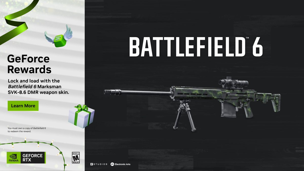 New reward for GeForce players via NVIDIA app 🎁
#Battlefield6 Marksman SVK-8.6 DMR weapon skin.

Thanks <a href="/i_schiggy/">🄲🄷🅁🄸🅂</a>, <a href="/William_Trigos/">Iván</a>, <a href="/helish88/">helish_88</a> <a href="/KrisTheGamerLP/">KTGKris</a>.