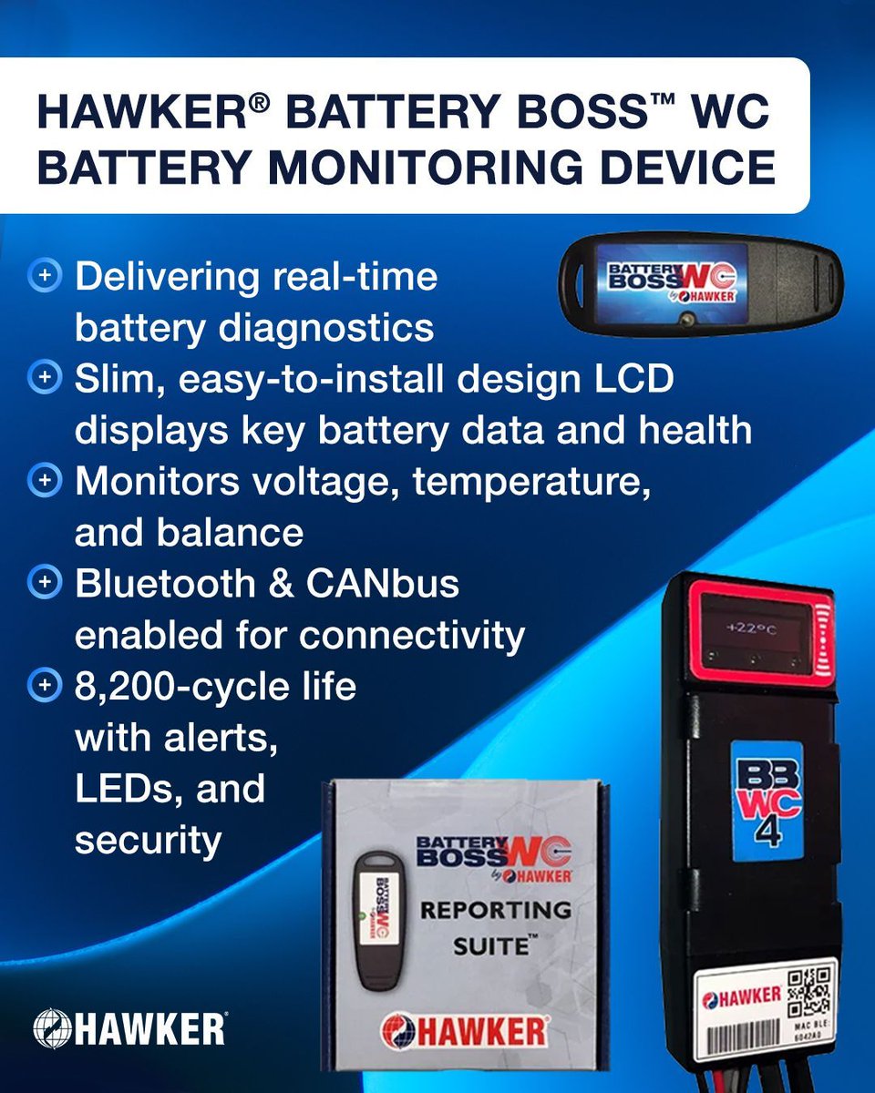 HPowersource's tweet image. Monitor your fleet’s batteries like a pro with the HAWKER® Battery Boss™ WC device! This compact, wireless device tracks voltage, temperature, state of charge, electrolyte levels, and balance in real time. Bluetooth &amp;amp; CANbus optimize charging, extend life, and prevent downtime.