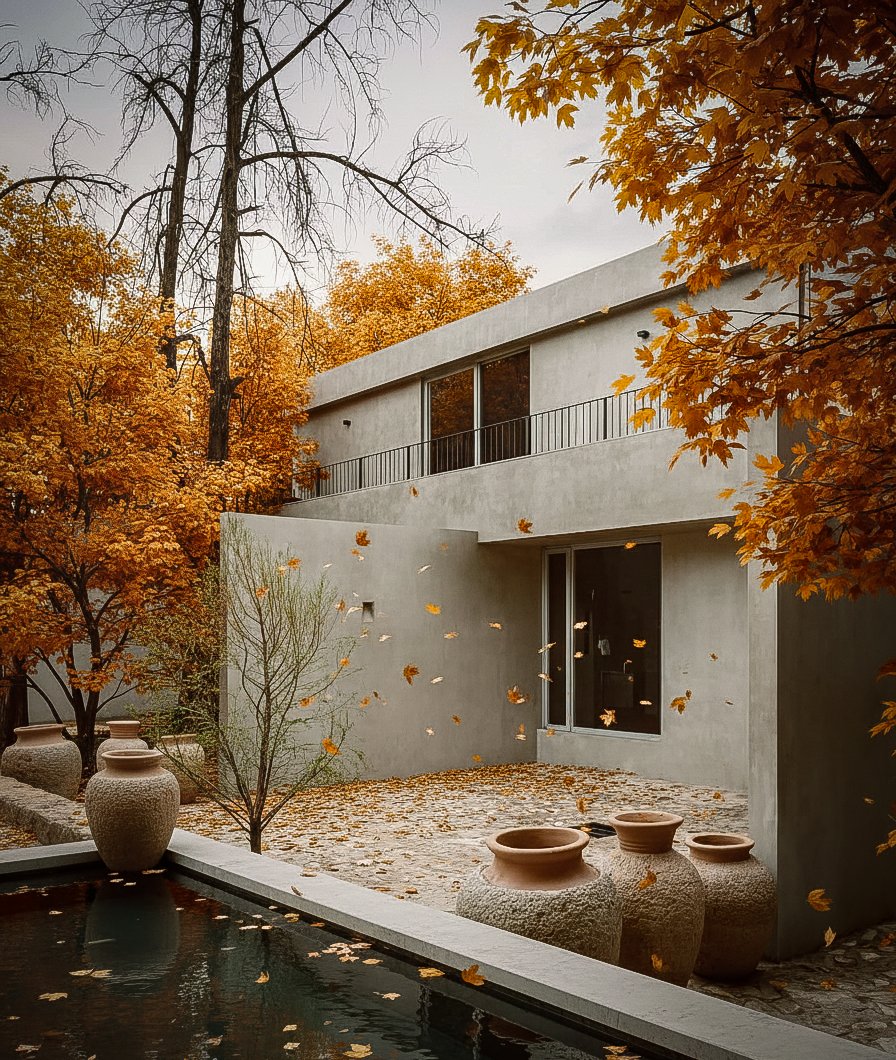 النمط: عمارة معاصرة مينيمالية (Minimal Contemporary) — خطوط نقية، خامات صادقة، وتوازن بين الطبيعة والبناء.