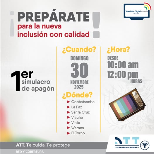 #NotaDePrensa | BOLIVIA REALIZARÁ SU PRIMER SIMULACRO DEL APAGÓN ANALÓGICO ESTE 30 DE NOVIEMBRE
 n9.cl/aprhh
#SiempreBolivia
