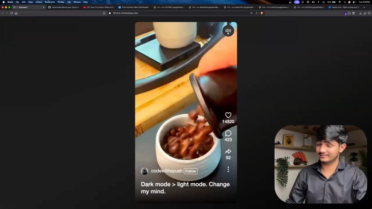 stackarnav's tweet image. Day 50 Cohort 2.0 | @sheryians_
Completed the Instagram Reel clone and learned the real magic behind interactive feeds. 😭🔥

Key wins:
🎯 Event bubbling, pointer events, event target
🔉 Mute / unmute toggle (tiny but satisfying)
🌀 Rendering dynamic data (playing videos from an…