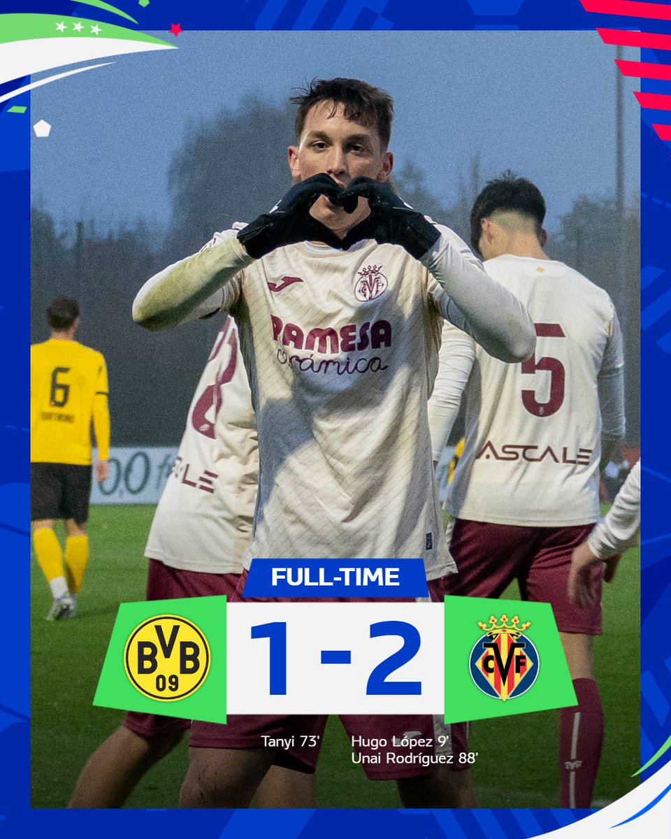 ¡FINAL, FINAL, FINAAAAAAAAAAAAL!

El Villarreal Sub-19 se clasifica para dieciseisavos de final de la <a href="/UEFAMensYouth/">UEFA Men's Youth</a> por la puerta grande al ganar por 1-2 al Borussia Dortmund.

⚽️ Hugo López
⚽️ Unai Rodríguez

¡Enhorabuena, equipooooooooo!

#UYL