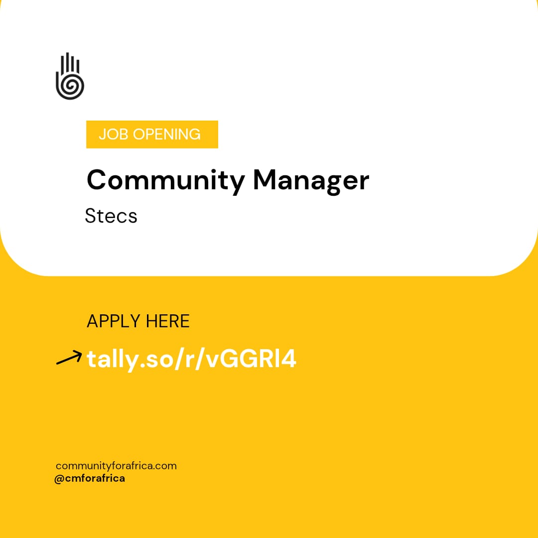 cmforafrica's tweet image. Stecs is hiring!

Are you a creative and passionate community manager? Stecs is actively looking for a community manager to build and nurture their online community.

Apply now!

tally.so/r/vGGRl4

Follow us for more opportunities.

 #Jobopportunities #Communityfirst