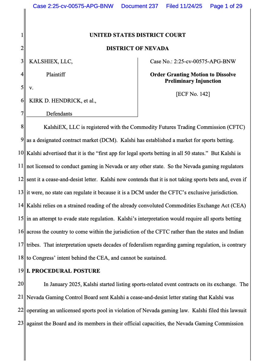 WALLACHLEGAL's tweet image. BREAKING: Nevada federal court dissolves preliminary injunction granted to Kalshi, finds that Kalshi&apos;s interpretation &quot;relies on a strained reading of the already convoluted CEA,&quot; would &quot;upset decades of federalism regarding gaming regulation and is contrary to Congress’ intent.&quot;