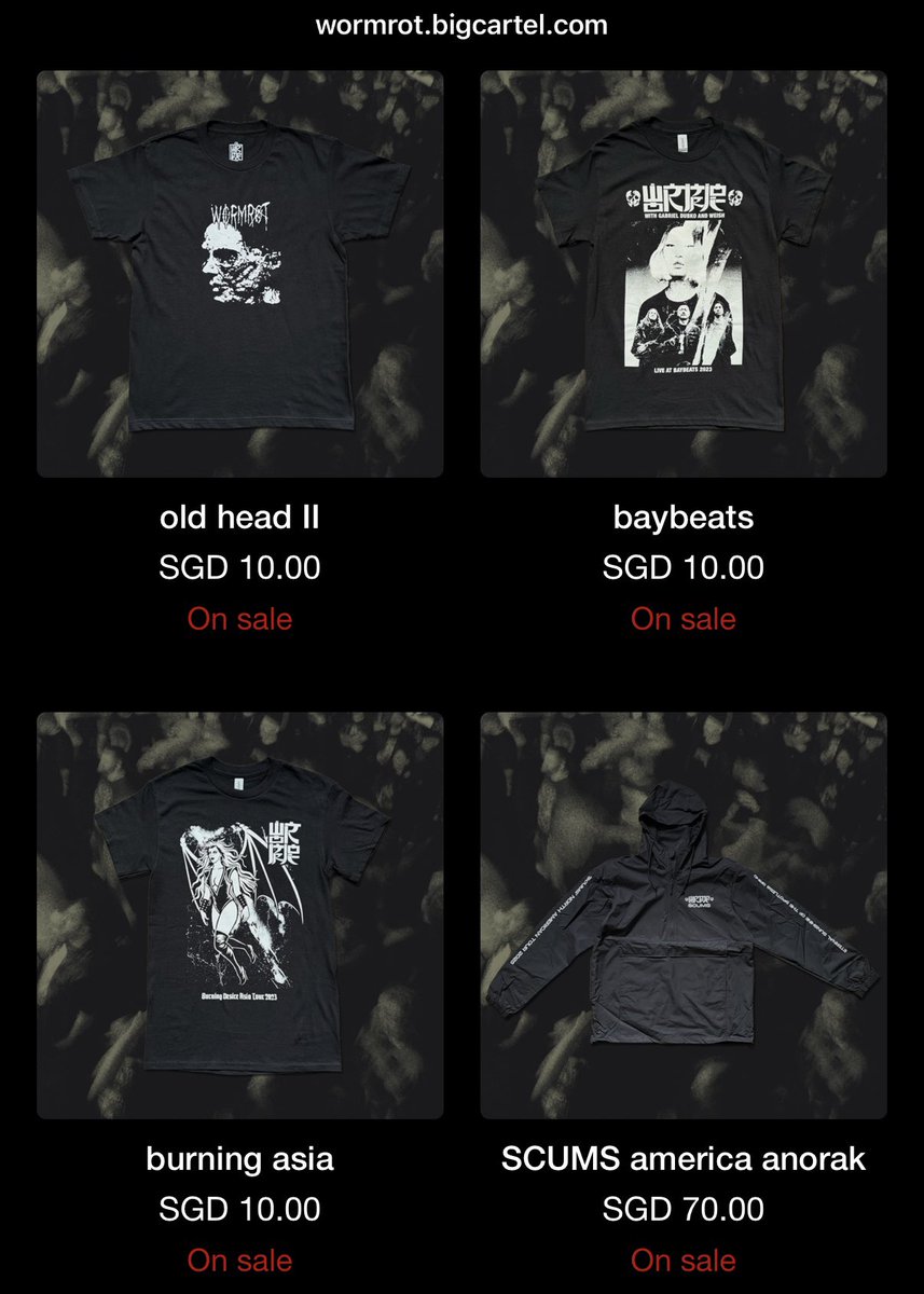 Wormrot's tweet image. YEAR END SALE. All shirts SGD15 or less, even official Earache ones! Also jackets are back in stock. This is the biggest one we’ve done. Help us clear our stock for the new year!

wormrot.bigcartel.com

DM for wholesale 8 shirts minimum
Worldwide shipping