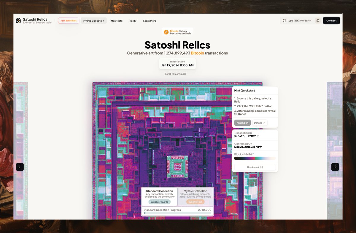 prrfbeauty's tweet image. 1/
Introducing Satoshi Relics, the first Bitcoin-native generative art collection that turns Bitcoin transactions into permanent, 1:1 pegged art

1 tx = 1 Relic
10,576 supply
Two collections
Created from Bitcoin&apos;s raw data

Standard mint opens January 13 at 10 PST on pob(.)studio